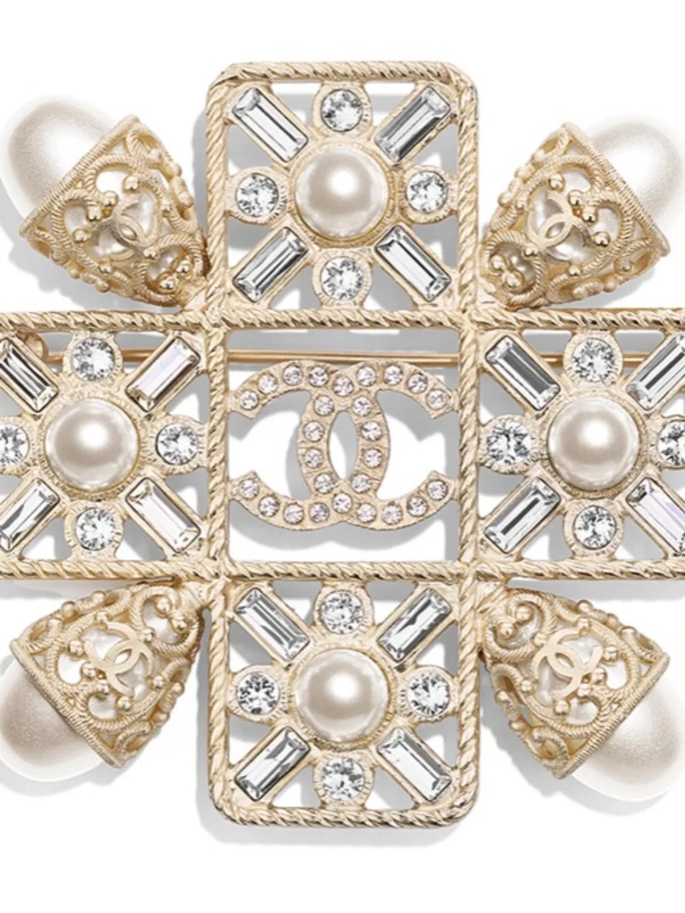 CHANEL Gold and Pearl Crystal CC Cross Brooch